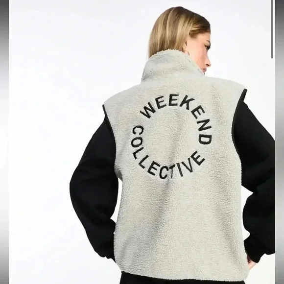 NWOT ASOS Weekend Collective borg nylon zip through vest in grey w/ embroidery - Picture 6 of 10